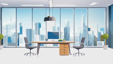 Ofis içi. Boş konferans odası ya da masa başı bilgisayarlı modern ofis işyeri. Vektör illüstrasyonu