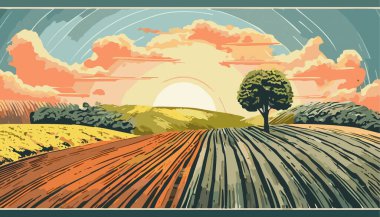 Kırsal alan, tepeler, ağaçlar, açık hava. Vektör illüstrasyonu