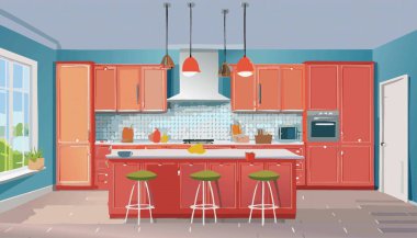 Mutfak odası yemek masası, buzdolabı da var. İç mimari. Vektör illüstrasyonu a