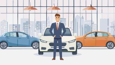 Galerideki yeni araba galerisinin yakınındaki bir satıcının portresi. Görüntü vektörü