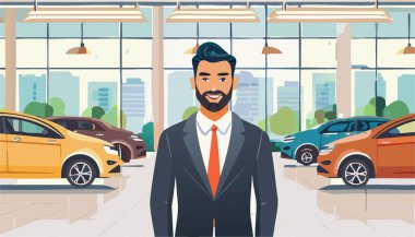 Araba satıcısı, bir galerinin içinde, modern bir otomobilin yanında duruyor. Vektör illüstrasyonu