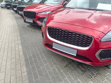 Üst üste park edilmiş lüks yeni arabalar. İkinci el araba satışı. Prestijli araçlar