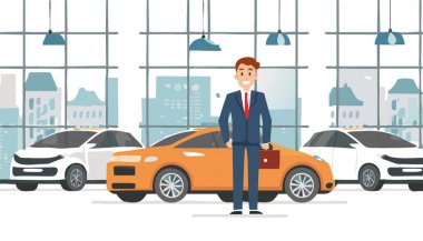 Galerideki yeni araba galerisinin yakınındaki bir satıcının portresi. Görüntü vektörü