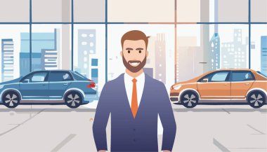 Araba satıcısı, bir galerinin içinde, modern bir otomobilin yanında duruyor. Vektör illüstrasyonu