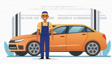 Çizgi film tamircisi bakım atölyesinde bozuk turuncu arabayı tamir ediyor. Kontrol ve otomatikman. Vektör İllüstrasyonu