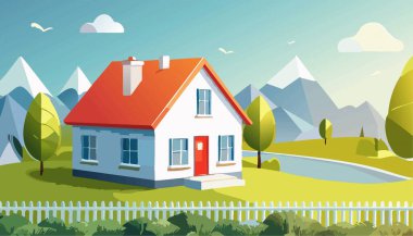 Evle yaz zamanı, tarlayla manzara, mavi gökyüzü. Vektör illüstrasyonu a