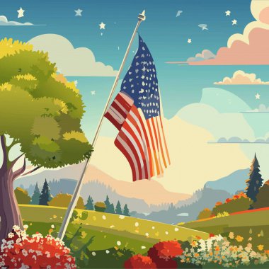 ABD 'nin 4 Temmuz Bağımsızlık Günü ABD Dağ Vektörü illüstrasyonunun bayrağıyla arka planda
