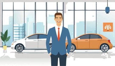 Araba satıcısı, bir galerinin içinde, modern bir otomobilin yanında duruyor. Vektör illüstrasyonu