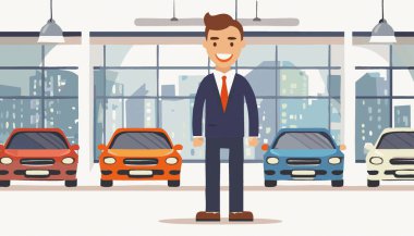 Galerideki yeni araba galerisinin yakınındaki bir satıcının portresi. Görüntü vektörü