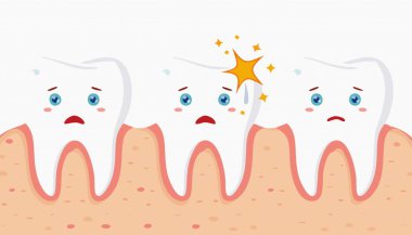 Sevimli çizgi film dişleri, bakteri problemi, bakteri konsepti, sağlıksız. Ağız temizliği kavramı. Vektör İllüstrasyonu 