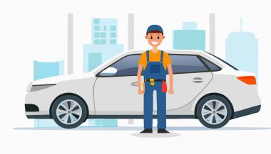 Mavi tulumlu tamirci servis araçlarında beyaz kırık arabanın yanında duruyor. Vektör illüstrasyonu 