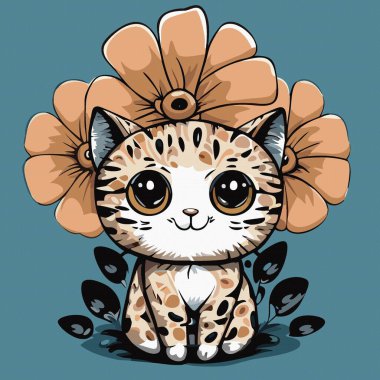 Çiçekli sevimli Cartton kedisi, vektör. Hayvan.