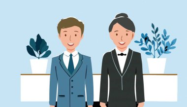 Düz bir tarzda birlikte duran iki iş arkadaşı. Vektör illüstrasyonu