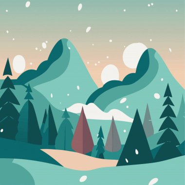 Kar dağı ve ormanın olduğu güzel bir kış manzarası. Düz arazi, vektör 