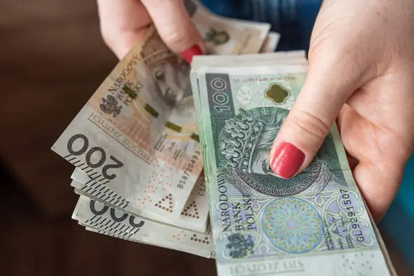  Kadın, Polonya zloti parasını sayar, tasarruf veya zengin konsepti. Finans teması
