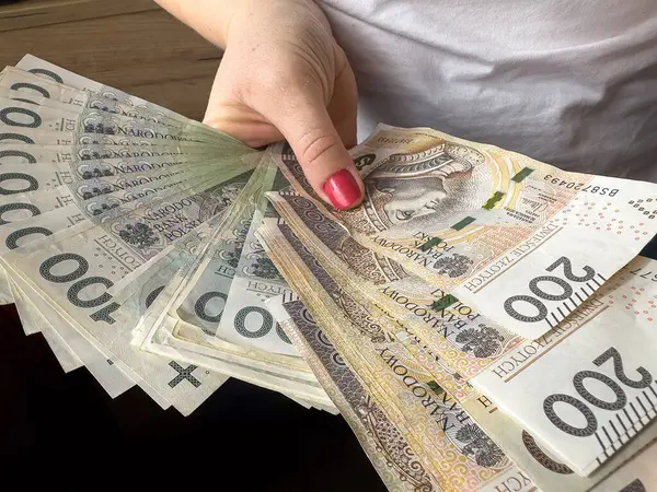 Kadın, Polonya 'nın parasını zltoy' a yatırıp para sayıyor. Tasarruf veya alışveriş kavramı