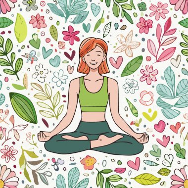 Yoga Lotusu 'nda meditasyon yapan bir kadın. Sağlıklı bir yaşam tarzı. Vektör illüstrasyonu a