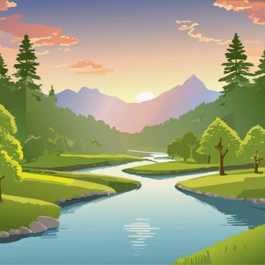 Orman gölü ve dağ arka planda, günbatımında. Doğa manzarası, Vektör illüstrasyonu 10eps