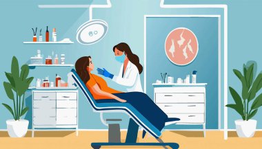  Dişçi kadın hastanın dişlerini tedavi eder. Dişlerin temizlenmesi ve beyazlatılması. Vektör illüstrasyonu