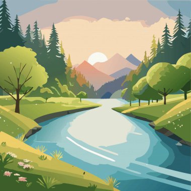 Orman gölü ve dağ arka planda, günbatımında. Doğa manzarası, Vektör illüstrasyonu 10eps