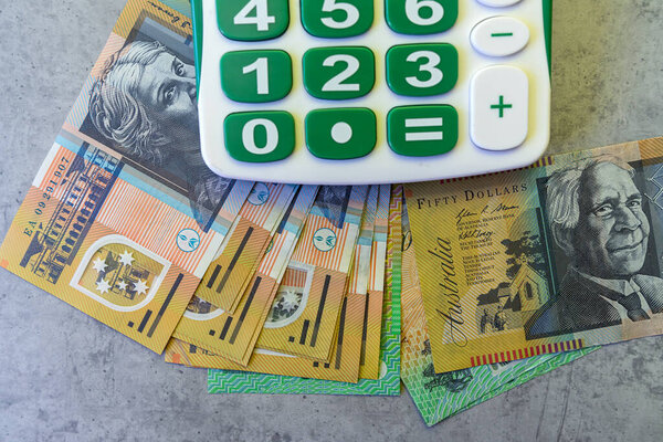 Australian dollars aud money with calculator, financial and investment concepts. Got profit