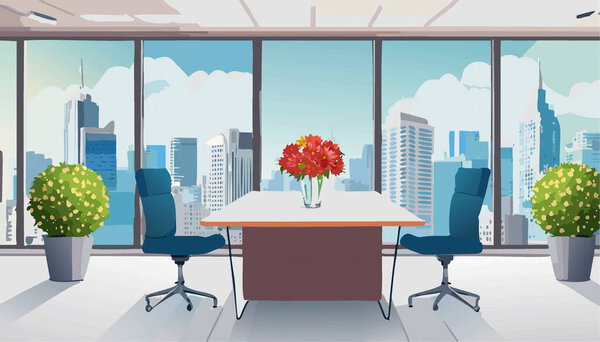 Moderno Interior Oficina Con Mesa Trabajo Ventana Panorámica Zona Coworking — Vector de stock