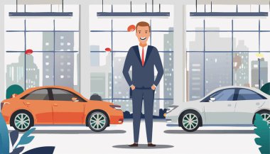 Galerideki yeni araba galerisinin yakınındaki bir satıcının portresi. Görüntü vektörü