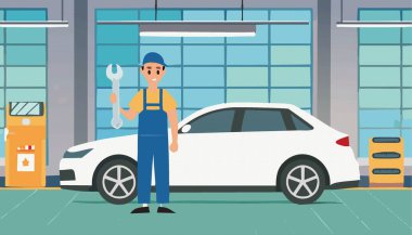 İngiliz anahtarı olan bir tamirci servis merkezinde hasarlı bir arabanın yanında duruyor.