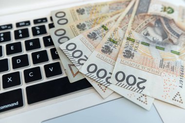Laptop klavyesindeki Polonya PLN banknotlarını kapat. İnternet e-ticareti