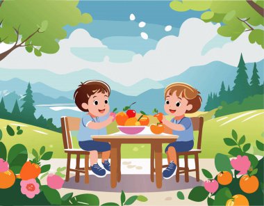 bir grup çocuk masada oturup taze meyve yiyorlar, illüstrasyon vektörü. 