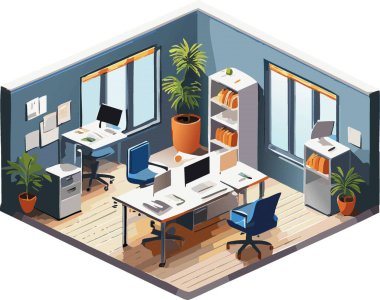 Modern ofis kompozisyonunda vektör izometrik işyeri. İş merkezi zemin illüstrasyonu