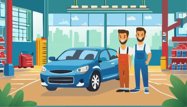 Tamirci portresi hasar gören araba tamirhanesi ya da garaj yakınlarında duruyor. Atölye istasyonu. Vektör illüstrasyonu