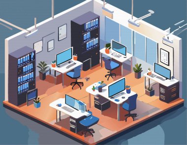 Modern ofis kompozisyonunda vektör izometrik işyeri. İş merkezi zemin illüstrasyonu