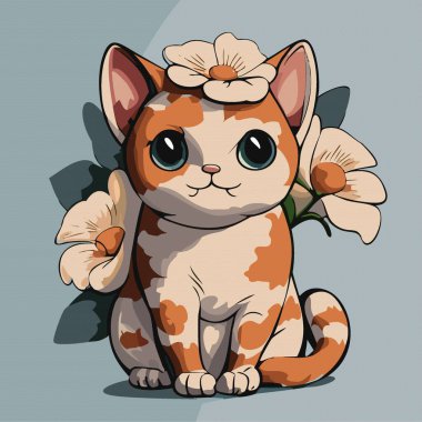 Çizgi film sevimli kedi ve çiçekler, vektör. Komik hayvan.