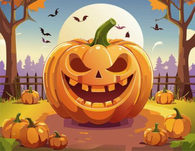 Cadılar Bayramı afişi ve Cadılar Bayramı şirin balkabağı, yarasa, örümcek ve şeker sonbahar Cadılar Bayramı şablonu. Vektör illüstrasyonu.