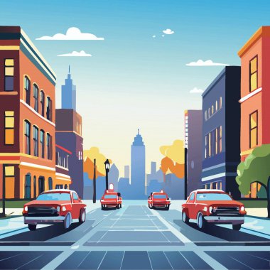 Arabalı şehir manzarası, modenr binalar gökdelenler ağacı. Şehir merkezindeki doğa manzarası. Vektör illüstrasyonu