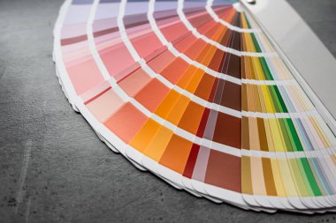 Gökkuşağı kataloğu, gri masanın üzerinde çeşitli renkte paletler var. Renkli katalog
