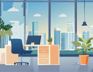 Windows 'undan Etkileyici Şehir Görünümüne sahip Çağdaş Modern Ofis Çalışma Alanı