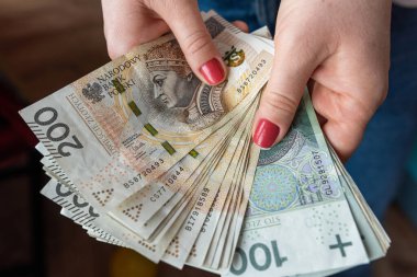 Kadının elinde bir sürü para var. PLN para finansal konsepti.