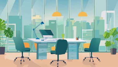 Bu modern ofis gösterişli masalar, şehrin ufuk çizgisinin nefes kesici manzarası ve cömert miktarda doğal ışık barındırıyor.