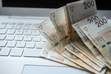 Laptop bilgisayarında 100 Polonyalı PLN nakit, ya para kazan ya da internetten al. Mali konsept