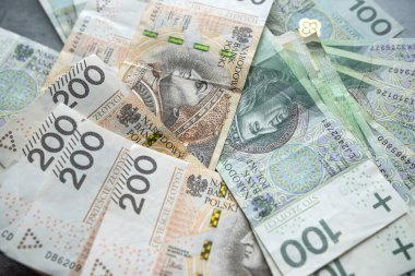 PLN 100 yığını ve 200 zloti banknot finansman fonu. Tasarruf kavramı, Polonya para birimi