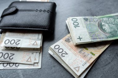 Siyah cüzdanında 100 Polonyalı Zloty PLN banknotu. Finansal tasarruf kavramı