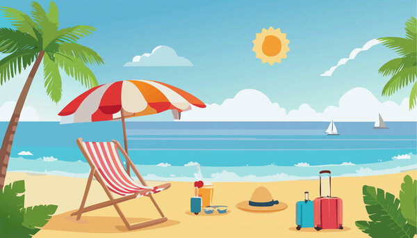 On the serene beach, two cozy and comfortable lounge chairs are positioned beneath a large umbrella, providing ample shade from the bright sun above