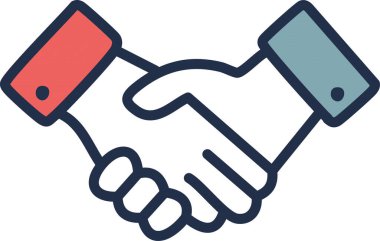 Düz beyaz bir arkaplanda, takım elbiseli iki adam el sıkışıyorlar, bu da aralarındaki selamlaşma ve işbirliğini simgeliyor.