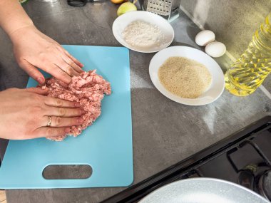 Dişi eller çiğ yemek pişirmek için kıymalı eti ön bant olarak karıştırıyor. Yemek pişirme konsepti