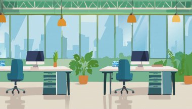 Windows 'undan Etkileyici Şehir Görünümüne sahip Çağdaş Modern Ofis Çalışma Alanı