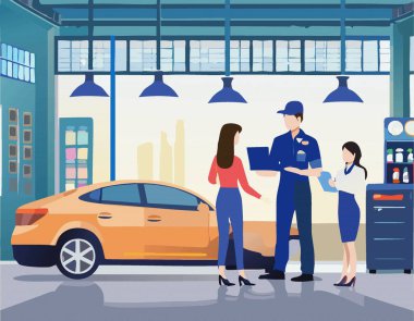 İngiliz anahtarı olan bir tamirci servis merkezinde hasarlı bir arabanın yanında duruyor.