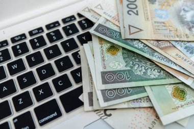 100 zloti Polonya parası dizüstü bilgisayarda. Yakın plan, finansal konsept