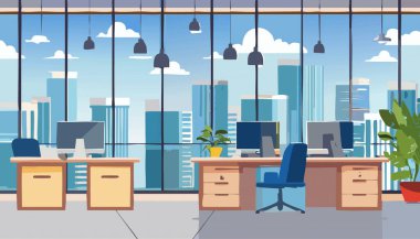 Bu modern ofis gösterişli masalar, şehrin ufuk çizgisinin nefes kesici manzarası ve cömert miktarda doğal ışık barındırıyor.